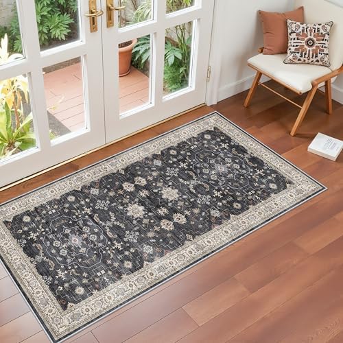 RUUGME 2x4 Entryway Runner Rugs: Non-Slip Washable Small Runners for Kitchen Vintage Low Pile Carpet for Indoor Entrance Hallway Soft Thin Stain Resistant DoorMat for Bathroom Bedroom(Black/Multi,2x4) - Image 2