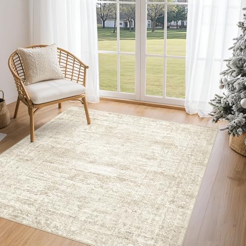 UERMEI Square Area Rugs : Washable 5x5 Neutral Modern Abstract Carpet for Living Room Bedroom - Soft Floor Mat with Non Slip Backing for Kitchen Nursery Dorms Farmhouse Home Decor - Beige/Brown by UERMEI