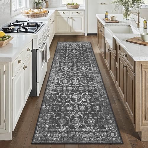 3x8 Washable Kitchen Runner Rug Non-Slip Vintage Black Throw Carpet by HOME
