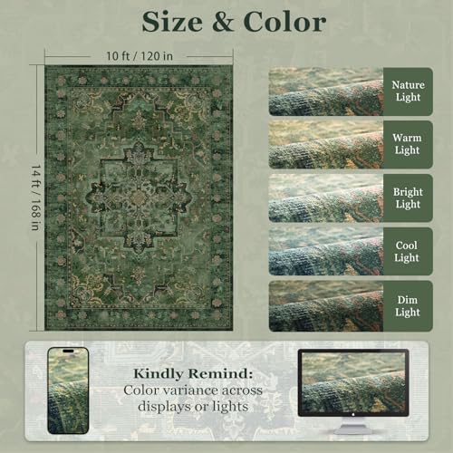Extra Large Area Rugs 10x14 for Living Room, Dark Green Farmhouse Distressed Printed Carpet Rugs for Bedroom Low Pile Thin, Non Slip Washable Neutral Boho Rug for Dining Room - Image 2