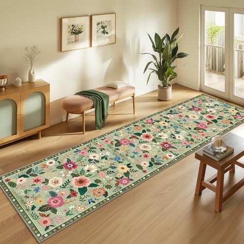 Floral Washable 2x10 Area Rugs Runner Entryway Hallway LightGreen - Image 2