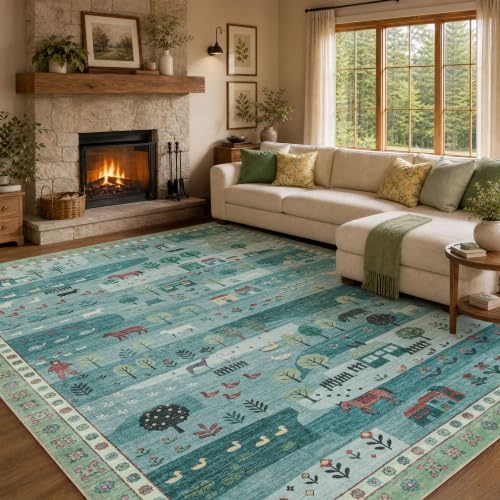 Machine Washable Area Rug 6x9, Soft Whimsical Rug, Vintage Farmhouse Green - Image 3