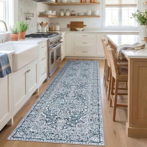 KUTA Vintage Washable Runner Rug 3x12 Wide Hallway Kitchen Rugs Blue White - Image 2