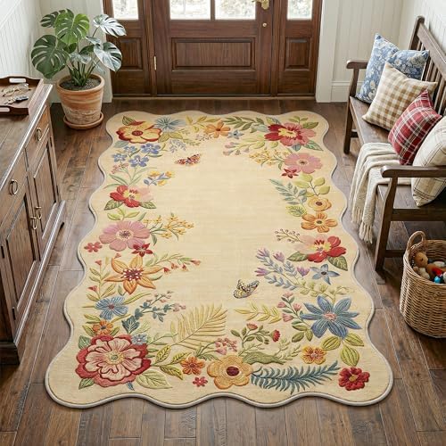 FMFUNCTEX 4x5 Washable Beige Floral Vintage Scalloped Area Rug for Entryway by Fmfunctex