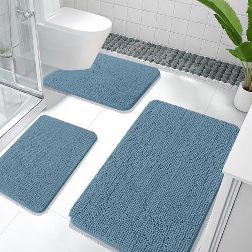 OLANLY Bathroom Rugs Sets 3 Piece, 36"x24"+24"x16"+24"x20", Airy Blue by OLANLY