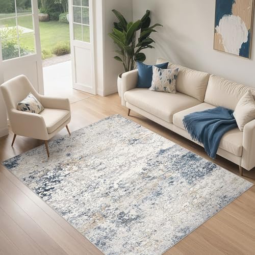 DMOYEST Area Rug Living Room Rugs 4x6 Washable Abstract Beige Blue Carpet - Image 3