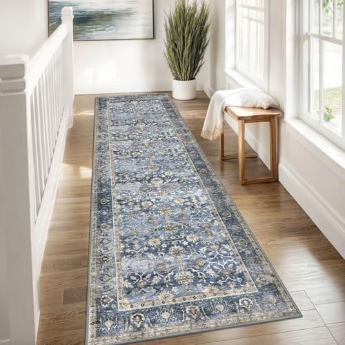 KUTA Vintage Washable Runner Rug, 2.6x8 Blue Grey Beige Runners for Hallway - Image 3