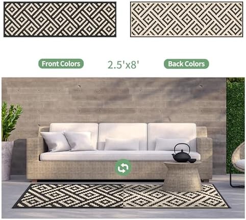 GENIMO Outdoor Rug, Waterproof Plastic Runner Rugs, 2.5'x8' Black Beige - Image 4