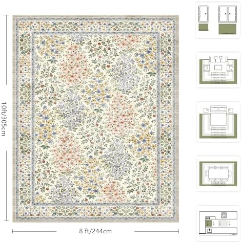 8x10 Area Rugs, Machine Washable Low Pile Floral Rugs for Living Room, Bedroom, Large Boho Area Rug with Non-Slip Backing for Dining Room(Beige Floral) - Image 2