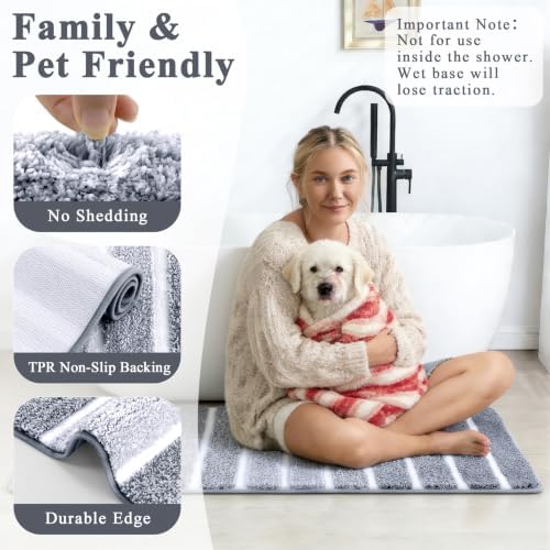 Yamaziot Grey Bathroom Rug Set 5 Piece Washable Non Slip Striped Bath Mat - Image 4