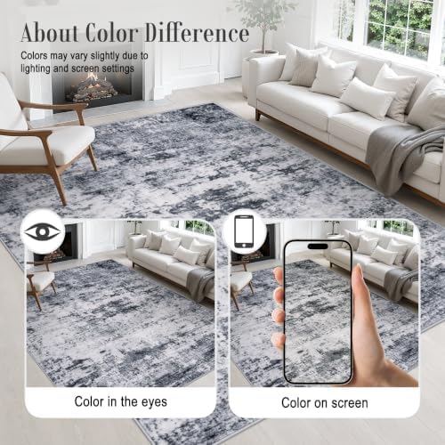 Area Rug Living Room: 6x6 Modern Washable Indoor Soft Carpet Grey - Image 6