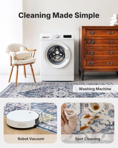 Amada Large 10x12 Washable Area Rug for Living Room, Blue, Vintage Pattern - Image 3