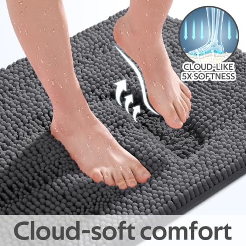 ACCUMTEK Striped Grey Bathroom Rug Mat 32"x20" Ultra Soft, Non Slip Chenille Bath Rugs, Absorbent Plush Shaggy Bath Mats for Bathroom, Bedroom, Kitchen, Shower, Tub,Deep Grey - Image 4