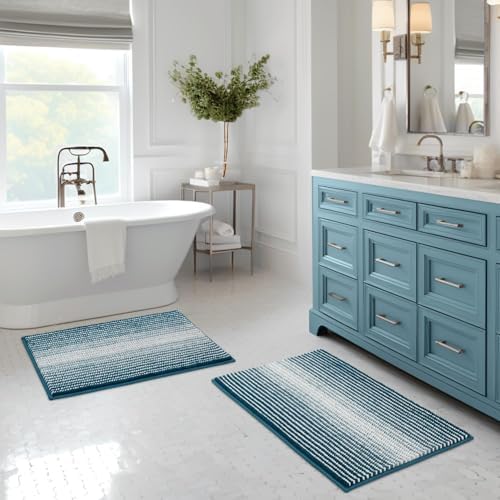 BSICPRO Bathroom Rugs Sets 2 Piece, Non Slip Striped Bath Mats, Teal by BSICPRO