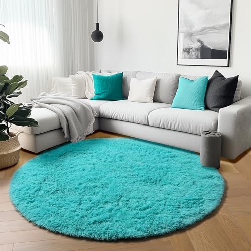 Teal Blue Fluffy Round Rug Circle Area Rugs 4ft for Kids Girls Boys Bedroom - Image 4