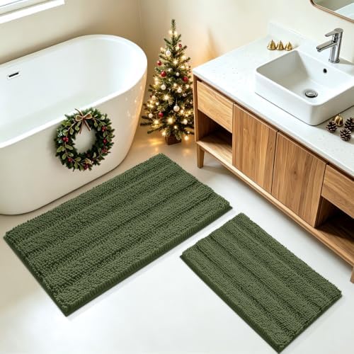 Christmas Striped Olive Green Bathroom Rug Mat Set 2 piece 32"x20"+24"x17" Ultra Soft, Non Slip Chenille Bath Rugs, Absorbent Plush Shaggy Bath Mats for Bathroom, Bedroom, Kitchen, Shower, Tub by ACCUMTEK