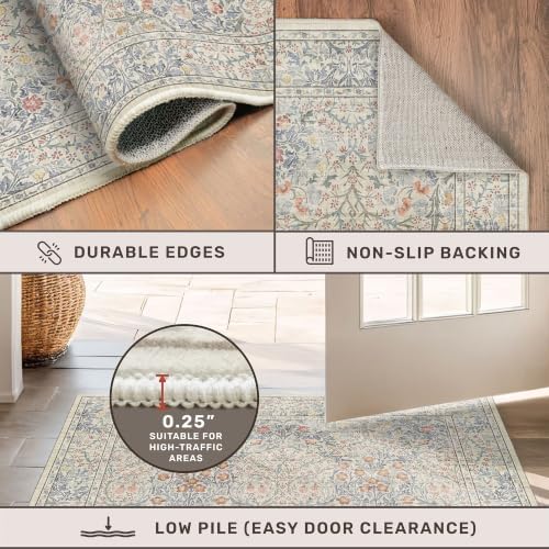 Beige Blue Washable 2x8 Runner Rug for Bathroom, Hallway, Kitchen, Non-Slip & Stain Resistant 8ft Long Entryway Floor Rug, Retro Boho Floral Décor - Image 5