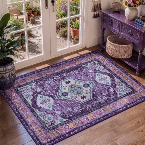 Tangsoo Purple 2x3 Washable Rugs for Entryway, Vintage Non Slip Small Rug by Tangsoo
