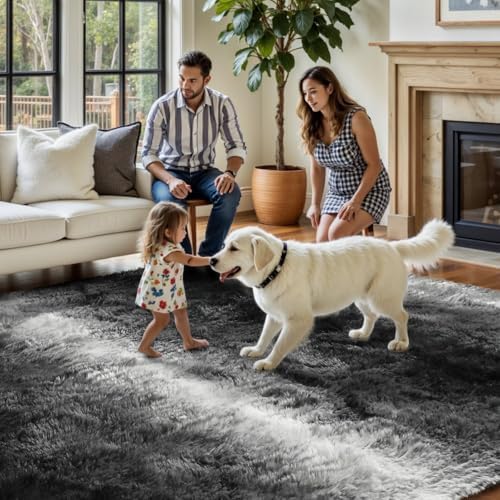 FinRèc Home 5x7 Non-Slip Fluffy Area Rugs for Living Room (Striped Black) - Image 4