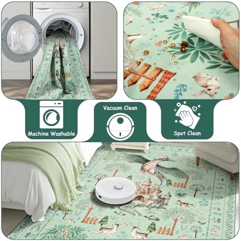 nesrt Washable Area Rugs 6x9ft for Living Room Bedroom, Green Animal Printed Dragon Rugs, Soft Large Botanical Forest Nursey Playroom Floor Carpets for Dining Room Farmhouse Home Office Holiday Decor - Image 6