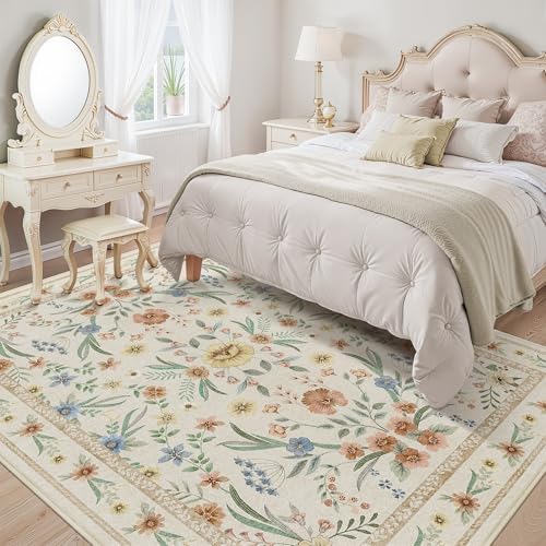 Beige Floral Washable Rug 7x9 – Large Vintage Boho Non-Slip Carpet, Soft Low Pile Thin Stain Resistant Area Rug for Living Room, Bedroom, Dining Room, Nursery, Farmhouse, Home Office - Image 2