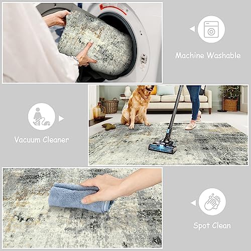 Lahome Modern Abstract Round Rug - 5Ft Grey Living Room Rugs Washable 5x5 Circle Rugs Indoor Dining Table Mat, Soft Non Slip Low Pile Office Carpet for Bedroom Playroom Kitchen Coffee Table - Image 4