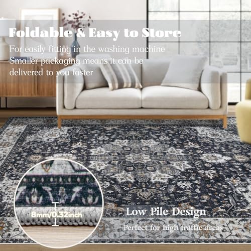 Area Rug 9x12 Washable Rug, Vintage Boho Medallion Rugs Non-Slip Soft Low Pile Large Distressed Rug Indoor Retro Carpet for Living Room Bedroom Dining Room Home Office (Vintage Black, 9'x12') - Image 6