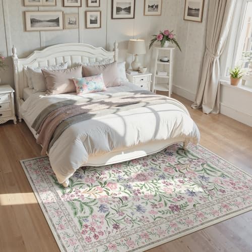 Wonnitar Floral Purple Rug for Bedroom, Washable 5x7 Area Rugs for Dorm, Boho Soft Non Slip Ultra-Thin Indoor Floor Carpet for Kids Room Nursery Living Room Classroom, Light Purple/Pink - Image 6