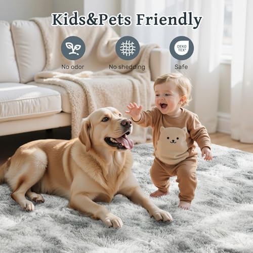 9x12 ft Rug for Living Room Fluffy Grey White Shag Rug Non-Slip Area Rugs Carpet for Bedroom Nursery Kids PlayRoom Dorm Office Indoor Modern Plush Carpets - Image 4