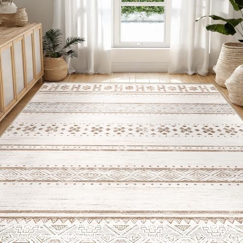 6x9 Washable Area Rugs for Living Room Boho Bedroom Rug Cream/Brown/Pink by BESTSWEETIE