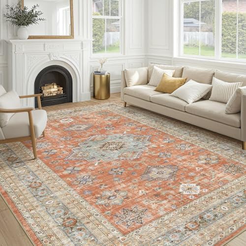 cotiled 8x10 Area Rug for Living Room, Washable, Traditional, Orange by COTILED