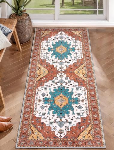 SERISSA 2x5 Washable Non Slip Boho Runner Rug for Hallway，Orange by SERISSAHomeDecorCollection