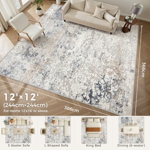 DMOYEST Square Area Rug Living Room Rugs 12x12 Washable Beige Blue Carpet - Image 2