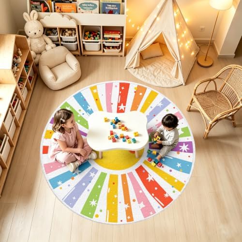 Sun Round Kid Rug, Colorful Soft Washable Non Slip Carpet for Kids Room - Image 2