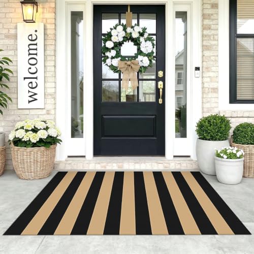 KOZYFLY 3'x5' Striped Area Rug, Brown and Black Woven Cotton Outdoor Rug by KOZYFLY