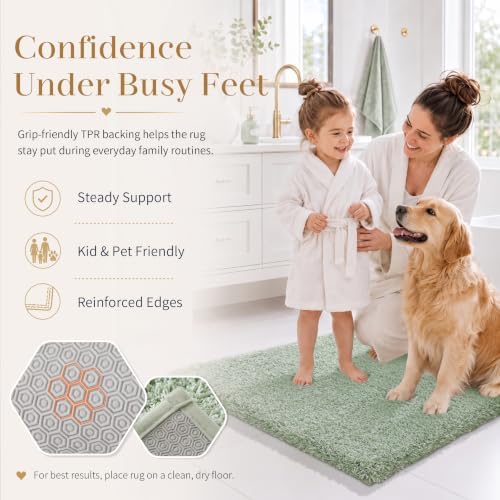 Yimobra Bathroom Rugs Non Slip Washable 32x20, Plush Bath Mat, Green&White - Image 5