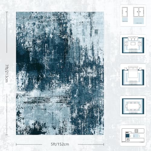 5x7 Rugs for Living Room - Modern Abstract Washable Rug, Ultra Soft Non Slip Low Pile Large Rugs, Floor Carpet for Bedroom Dining Room Office Laundry Nursery Home（Ocean Blue） - Image 2