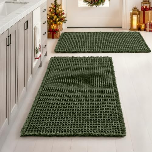 MIULEE Christmas Hunter Green Set of 2 Waffle Bathroom Rugs 18x30 Inch by MIULEE