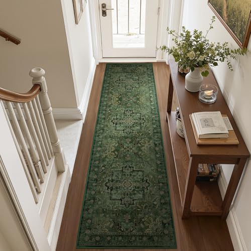 Tranditional Medallion 2x8 Dark Green Runners for Hallways Entryway, Low Pile Washable Non Slip Distressed Printed Carpet Runner Rug 8ft for Kitchen/Bedroom Bedside/Laundry Room/Bathroom by Jainmy