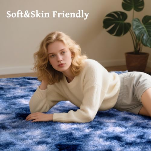 Fuzzy Blue White Rug for Bedroom Soft Fluffy 4x6 ft Living Room Rug Non-Slip Area Rugs Shag Carpet for Nursery Kids Play Room Dorm Office Indoor Modern Plush Carpets - Image 4