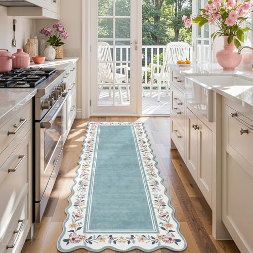 Lahome Floral Blue 2x6 Runner Rug for Hallway, Scalloped Kitchen Rug - Image 3