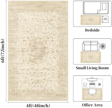 Neutral 4x6 Area Rugs, Beige Vintage Rug for Bedroom, Living Room, Nursery - Image 2