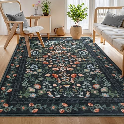 Lahome Black Floral Washable Area Rug 9x12, Extra Large Botanical Carpet by Lahome