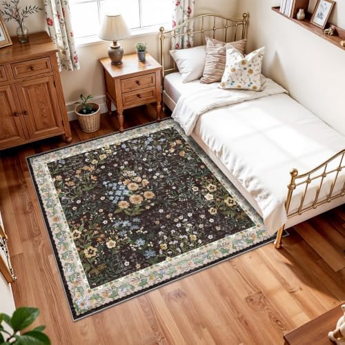 5x5 Living Room Area Rug Washable: Floral Non-Slip Mats for Indoor Floor Entryway Dining Room Bedroom - Soft Thin Carpet for Vintage Neutral Home Decor (5ft Square, Brown) - Image 5