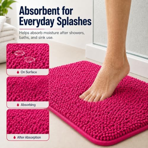 Deep Pink Plush Bath Set - 3 Piece Anti-Slip Mats, Soft Chenille Shaggy Mat for Bathroom, Bedroom & Living Room, Water Absorbent - Image 5