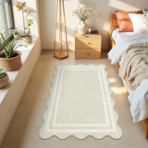 Washable 3x5 Indoor Entryway Rug, Neutral Beige Soft Non Slip Rugs Stain Resistant Scalloped Carpet for Bedroom Kitchen Nursery Home Office - Image 7