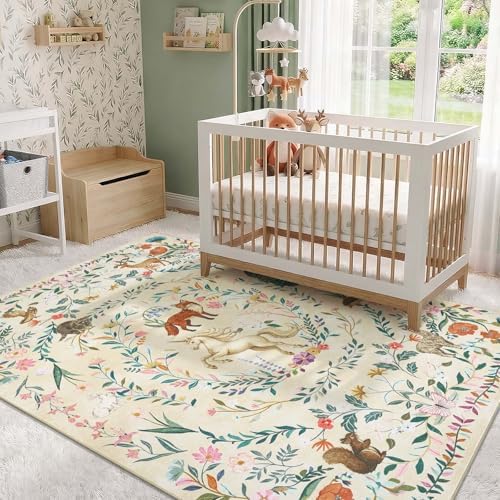 jinchan 6x9 Playroom Rug for Girls Room Washable Unicorn Nursery Rug, Cream by JINCHAN