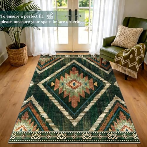 4x6Ft Boho Area Rugs Non Slip, Green Washable Rug for Living Room, Soft Bedroom Carpet, Low Pile Moroccan Entryway Area Floor Carpets for Dining Room Kids Nursery Farmhouse - Image 5