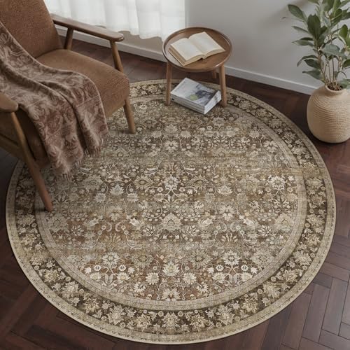HUGEAR 5ft Round Brown Vintage Floral Washable Rug for Living Room by HUGEAR