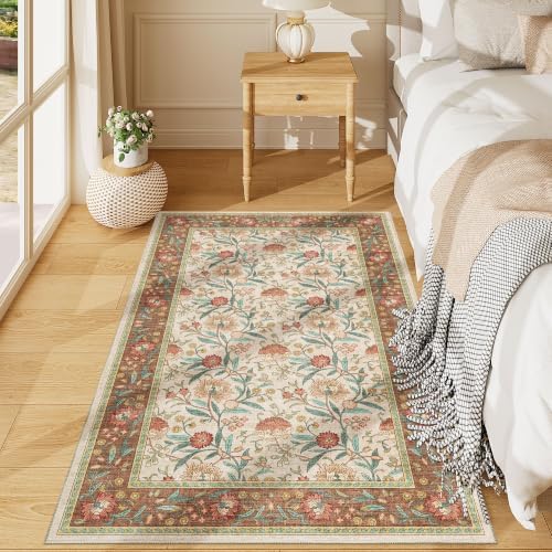 DUKINO 3x5 Rug, Washable Vintage Floral Bedroom Area Rug Non Slip, Brown by DUKINO